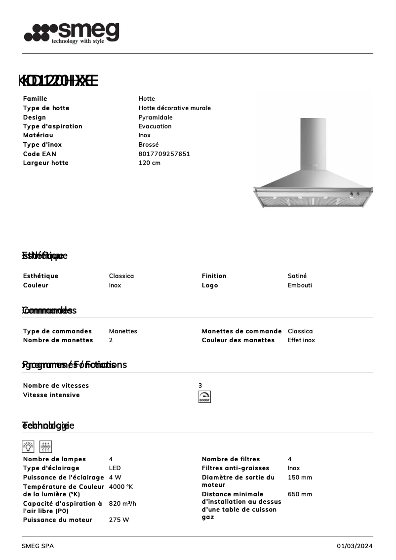 Page 1 de la notice Fiche technique Smeg KD120HXE
