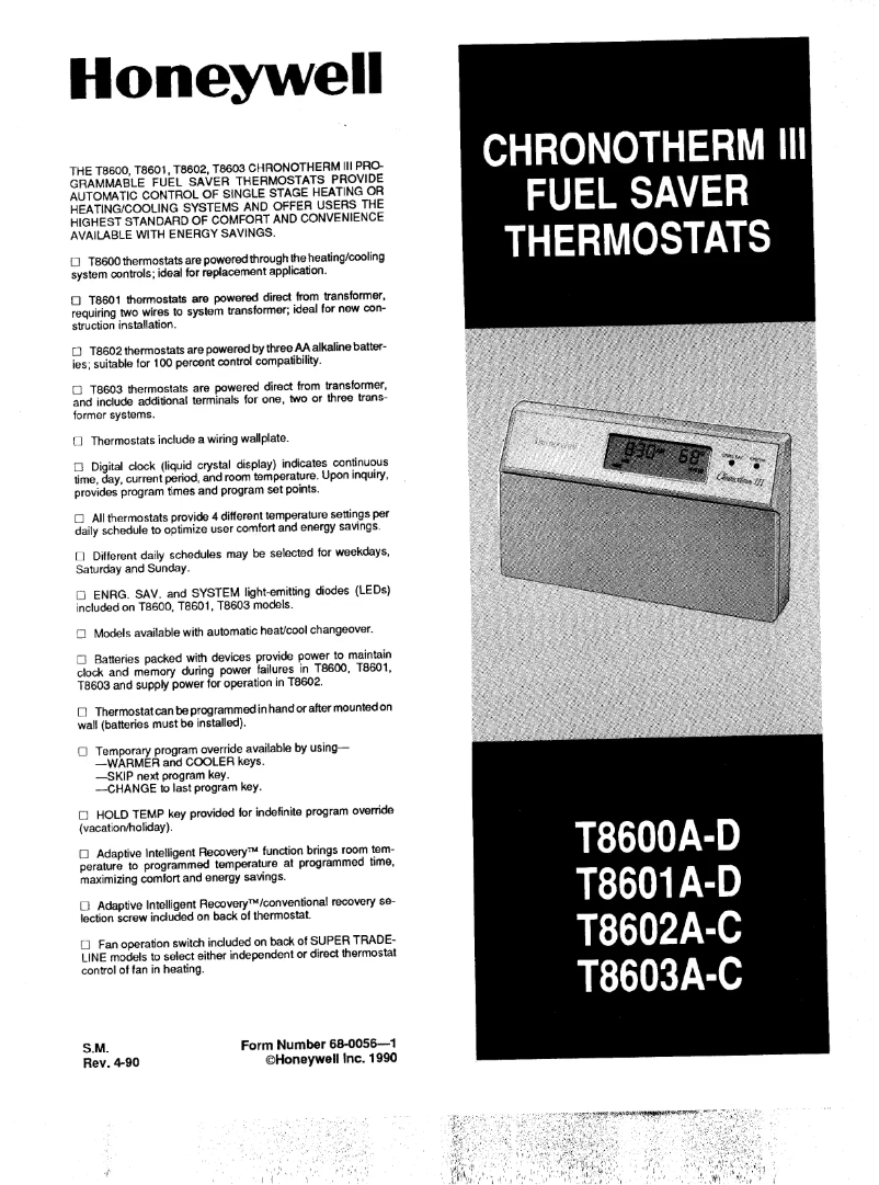 Page 1 de la notice Manuel utilisateur Honeywell Chronothem III T8602B