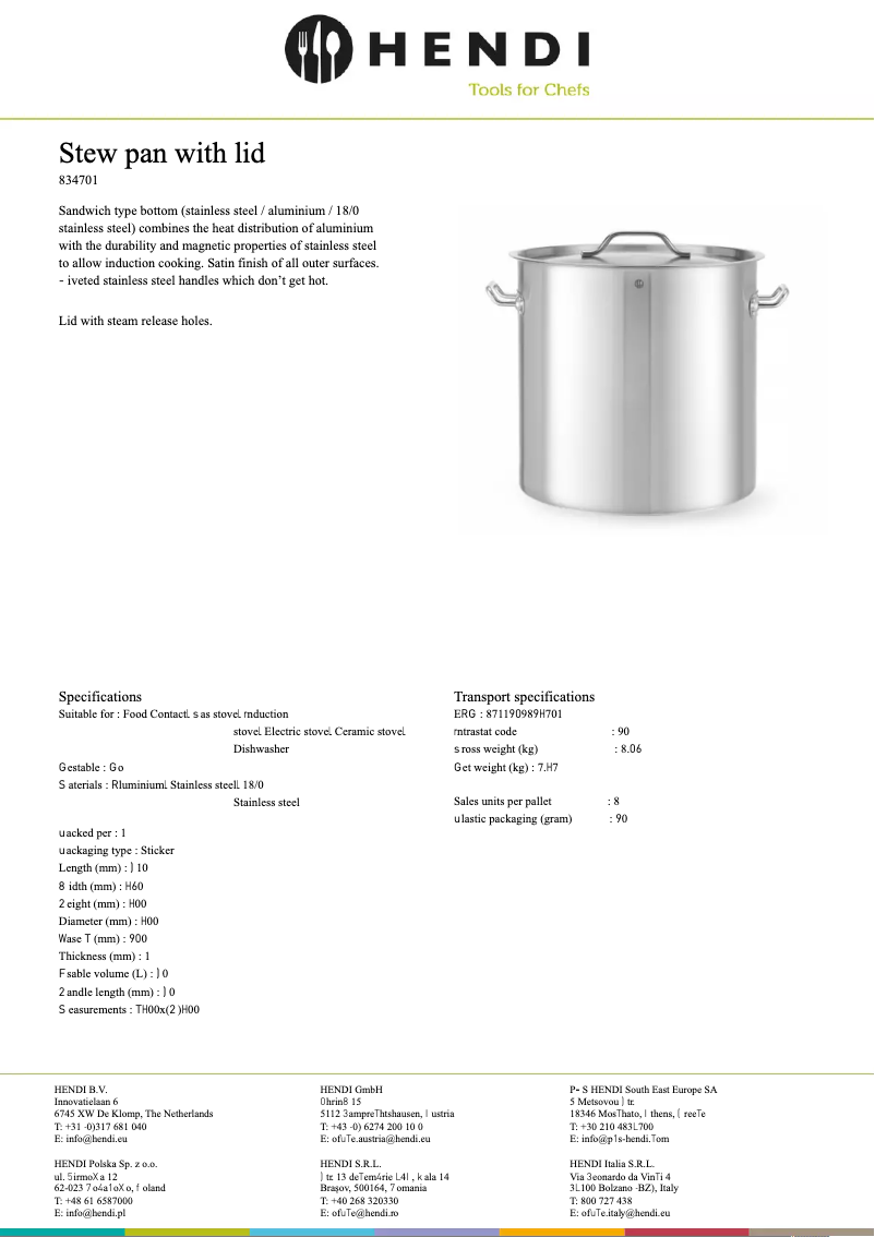 Page 1 de la notice Fiche technique Hendi 834701