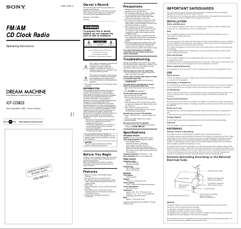 Image de la première page du manuel de l'appareil ICF-CD823