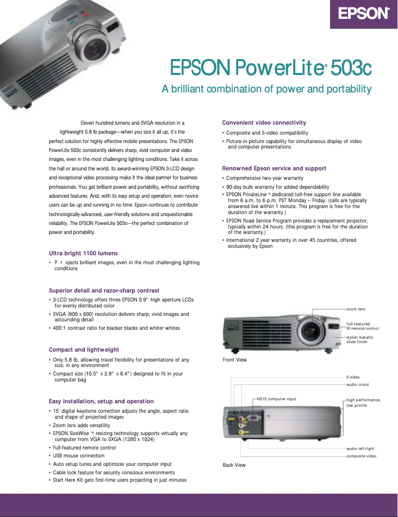 Page 1 de la notice Brochure Epson PowerLite 503c