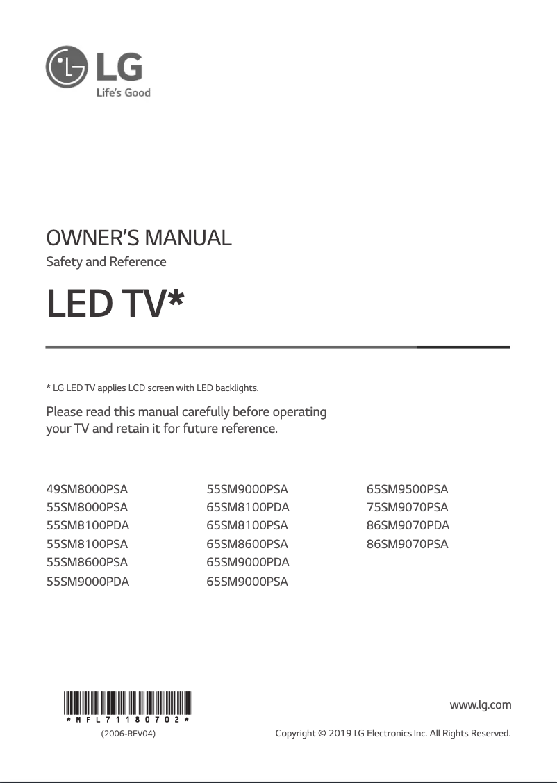Page 1 de la notice Manuel utilisateur LG 55SM8600PSA