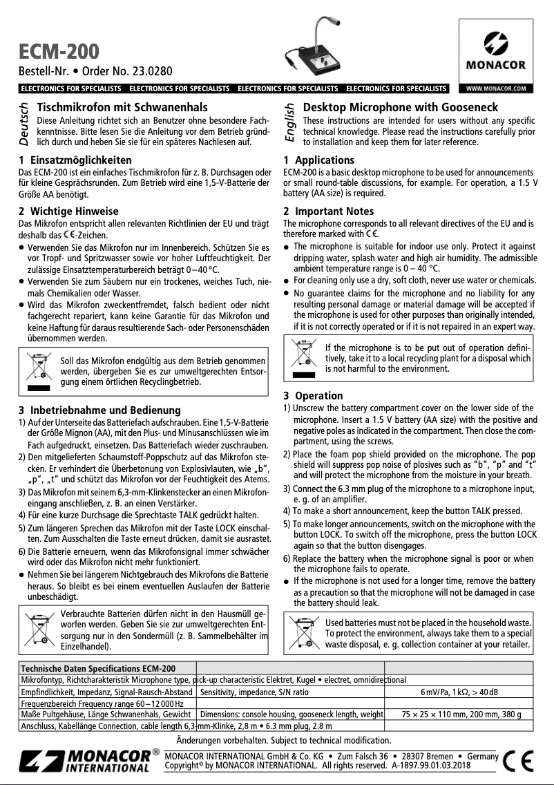 Page n°1 - Manuel utilisateur Monacor ECM-200