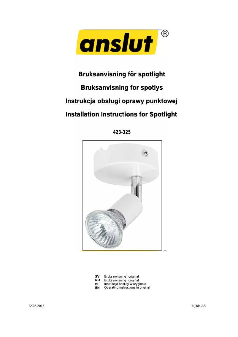 Page 1 de la notice Manuel utilisateur Anslut 423-325