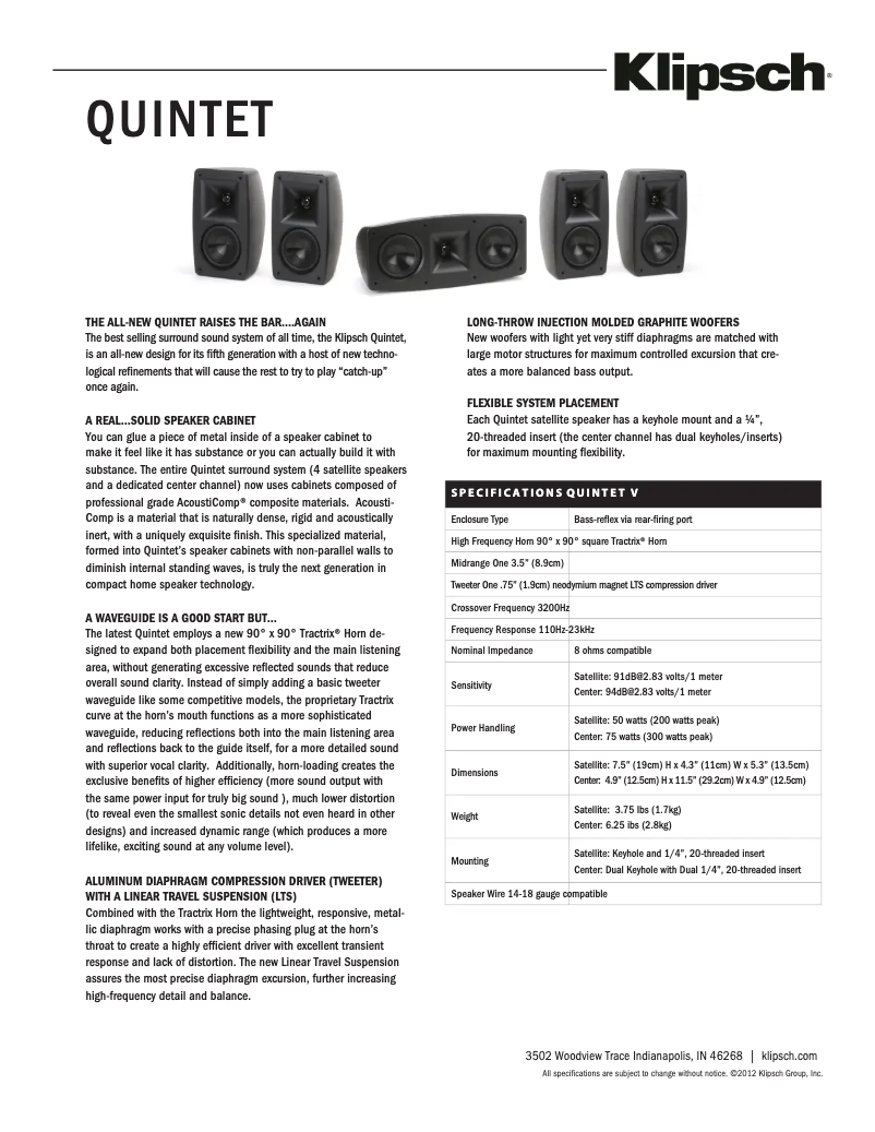 Page n°1 - Fiche technique Klipsch Quintet V