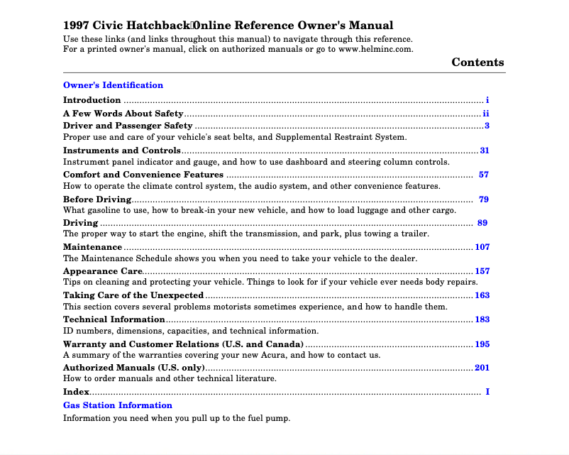 Image de la première page du manuel de l'appareil Civic Hatchback (1997)