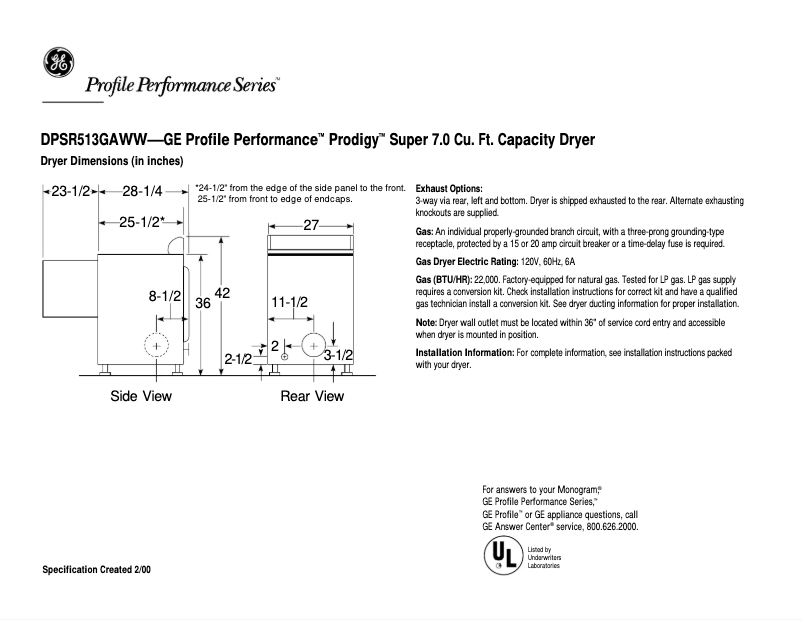 Página 1 del manual Ficha técnica GE Profile Prodigy DPSR513GAWW