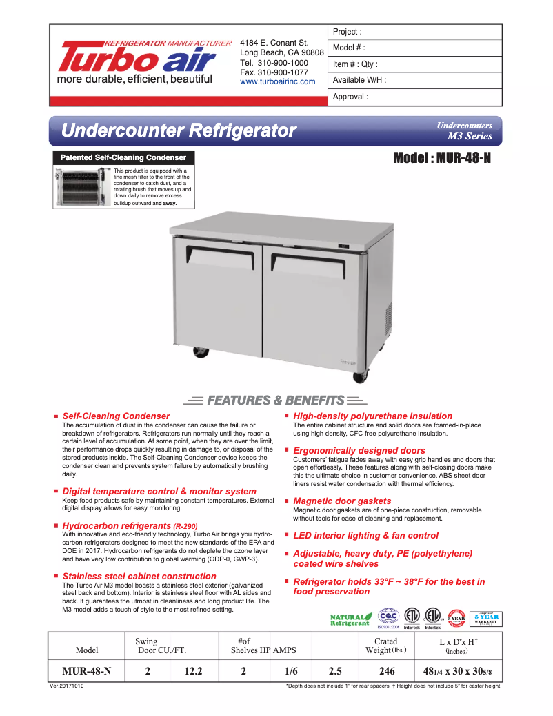 Page 1 de la notice Fiche technique Turbo air MUR-48