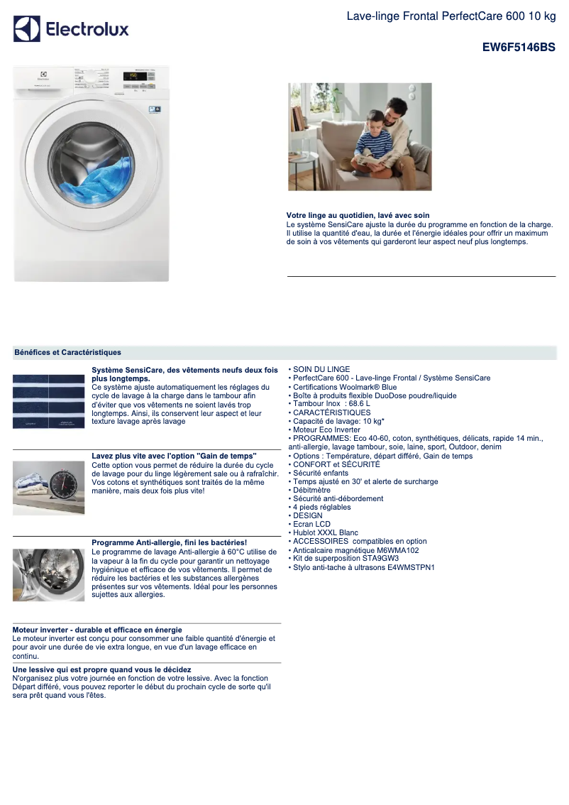 Page 1 de la notice Fiche technique Electrolux EW6F5146BS