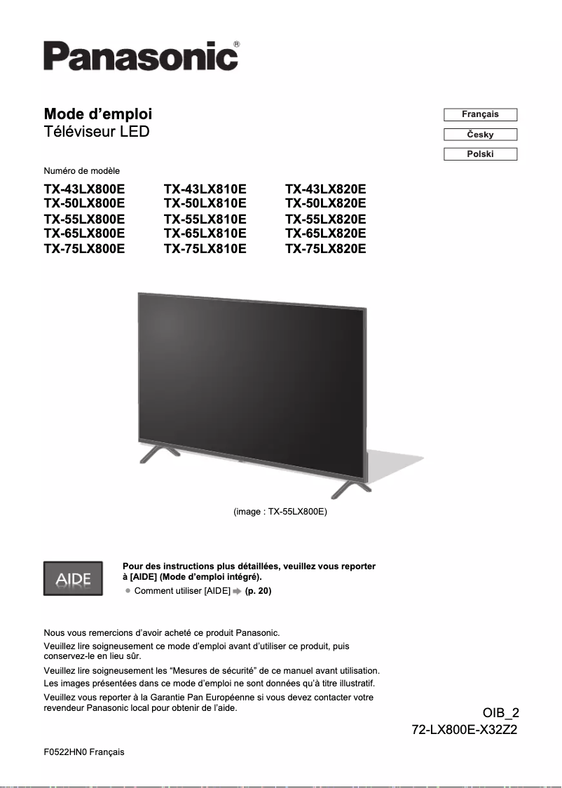 Page 1 de la notice Guide de démarrage rapide Panasonic TX-50LX800E