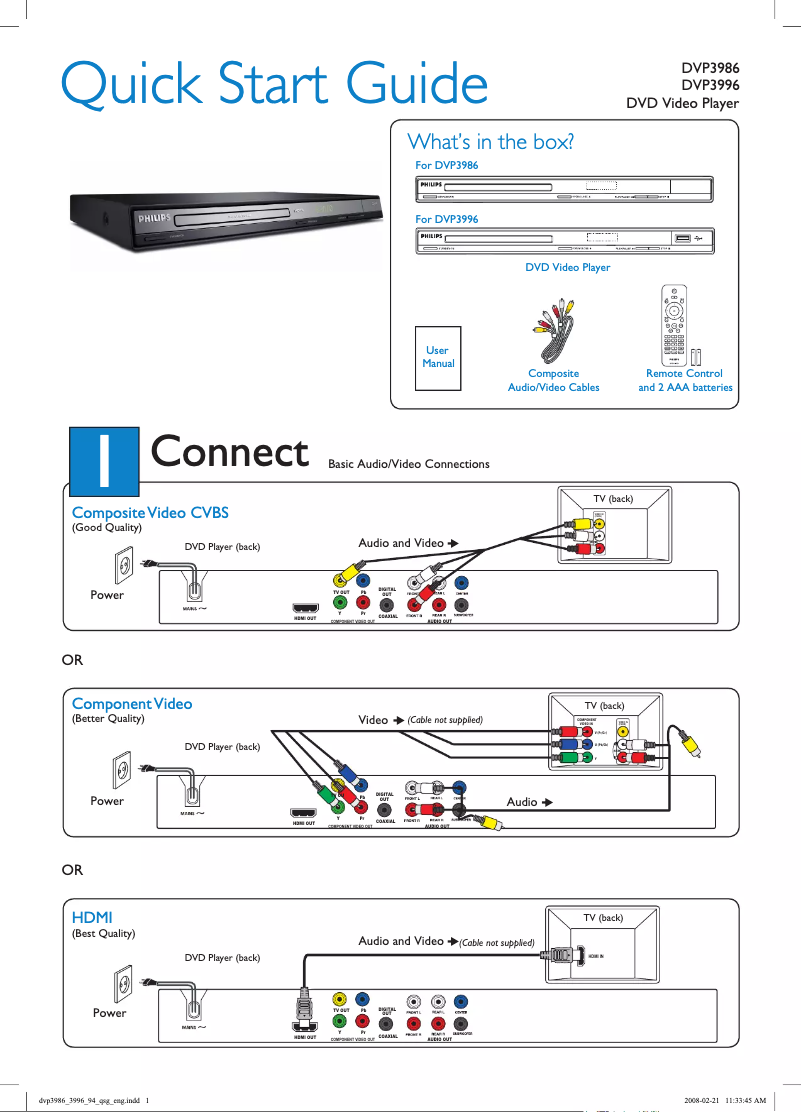 Page 1 of the manual Quick Start Guide Philips DVP3986