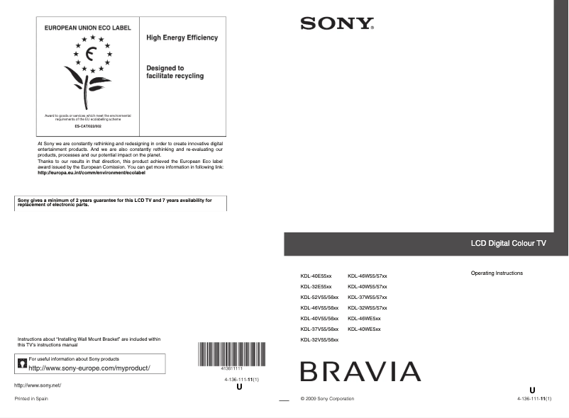 Image de la première page du manuel de l'appareil Bravia KDL-32W5730