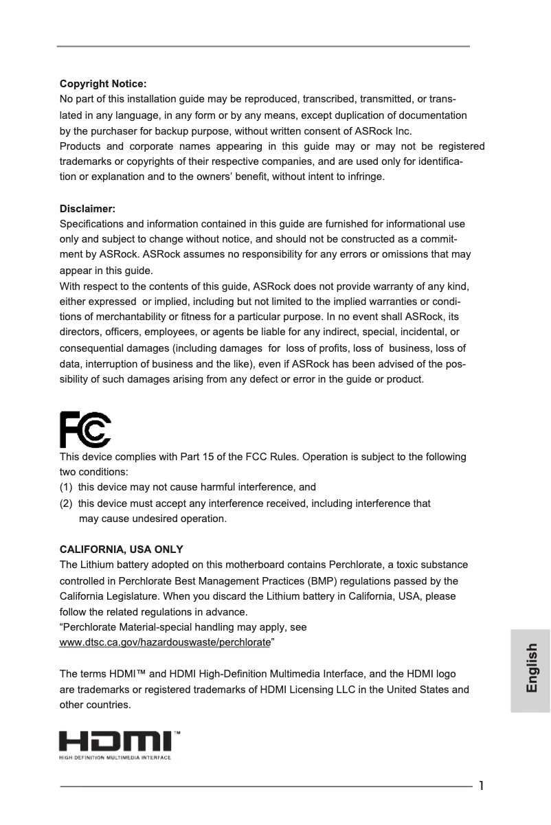 Page 1 de la notice Manuel utilisateur Asrock H77M-ITX