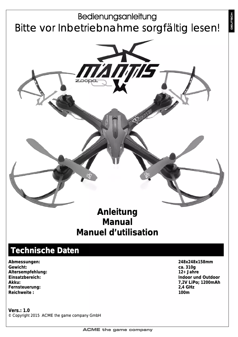 First page image of the manual for zoopa Q600 Mantis