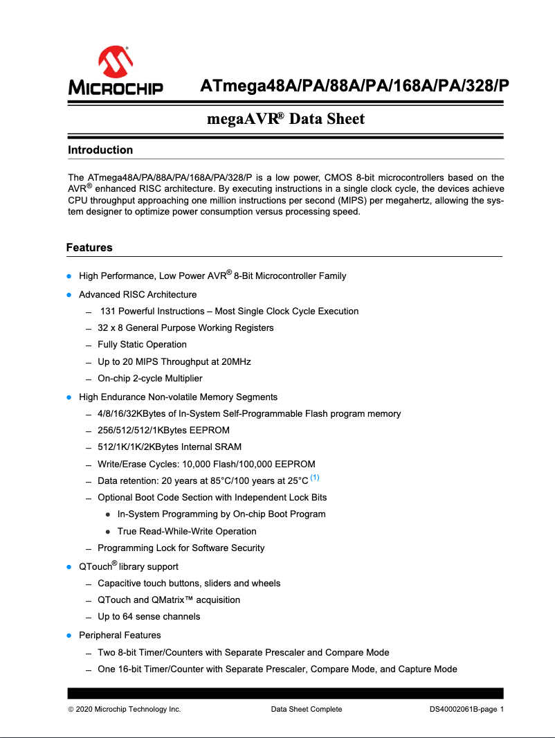 Page 1 de la notice Fiche technique Microchip ATMEGA88PA
