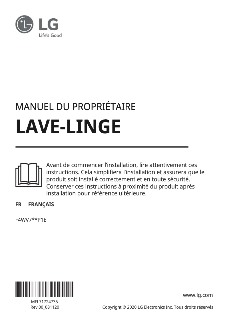 Page 1 de la notice Manuel utilisateur LG F4WV709P1E