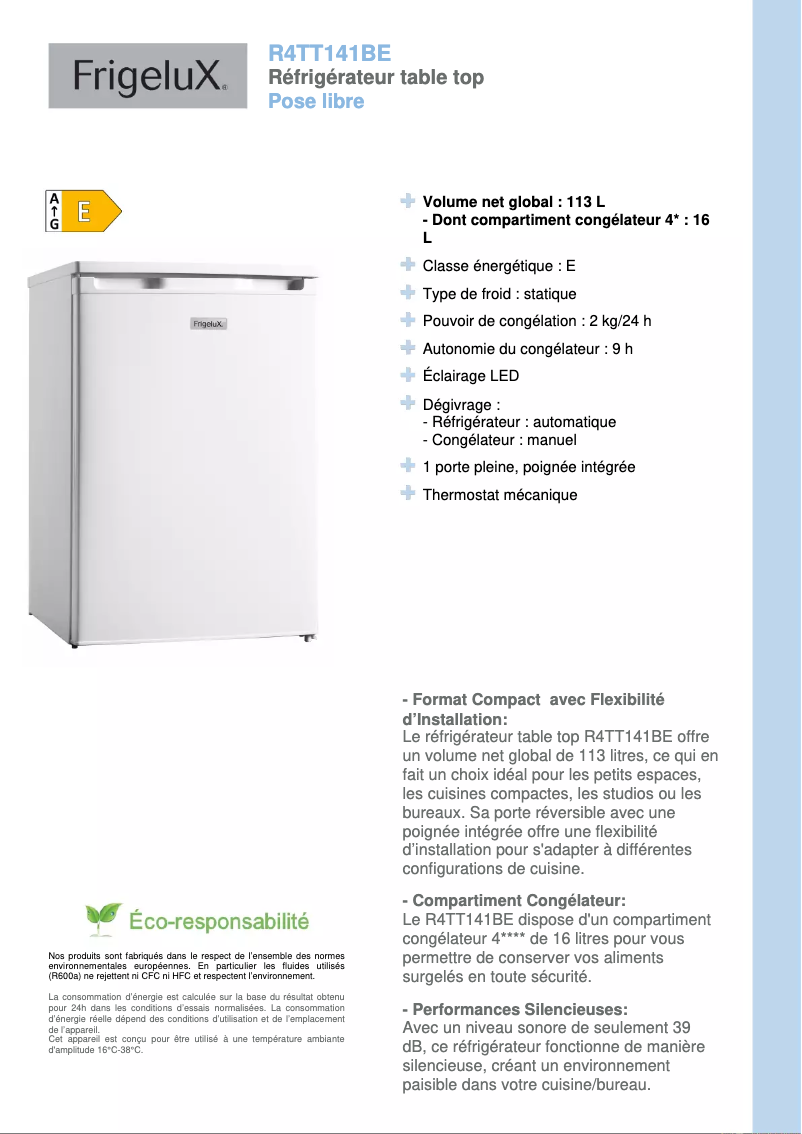 Page n°1 - Fiche technique FrigeluX R4TT141BE