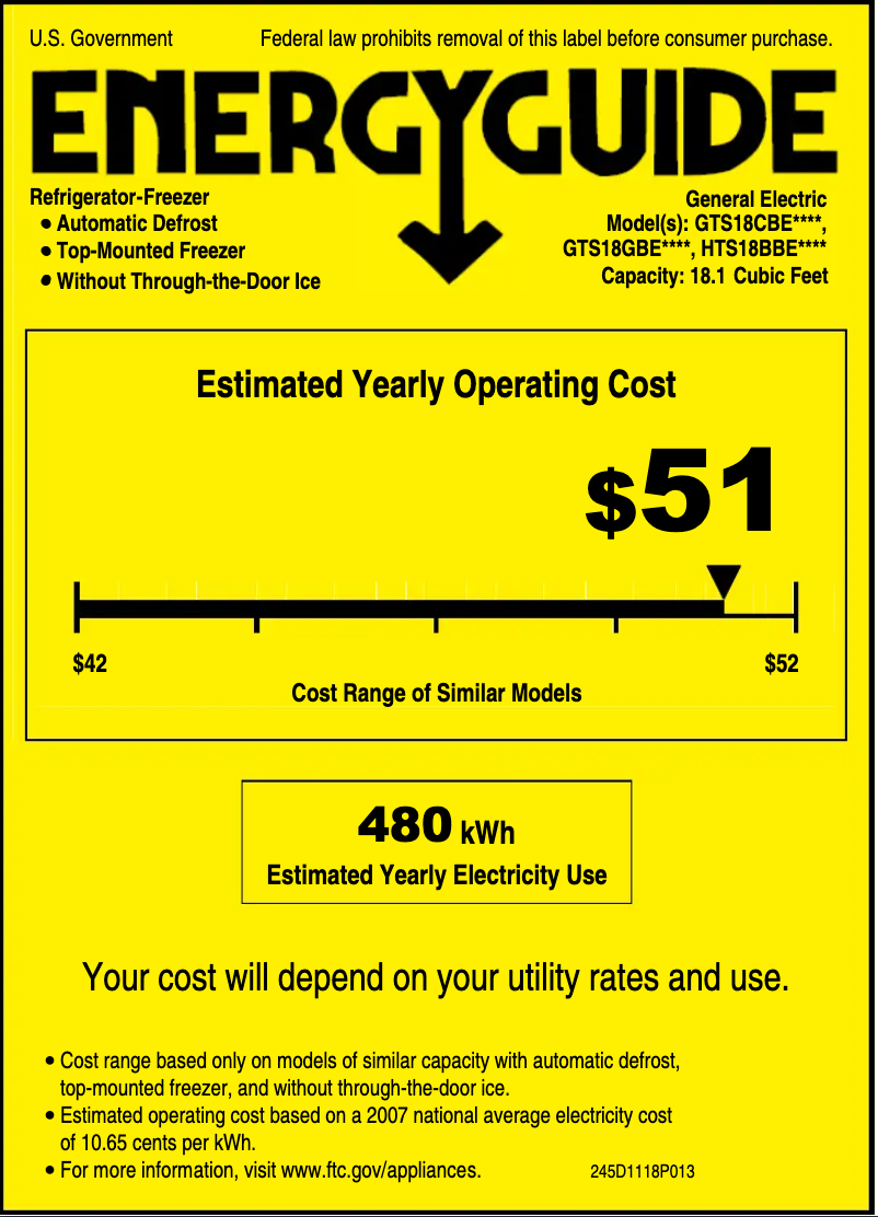 Page 1 de la notice Label énergétique GE GTS18CBEWW