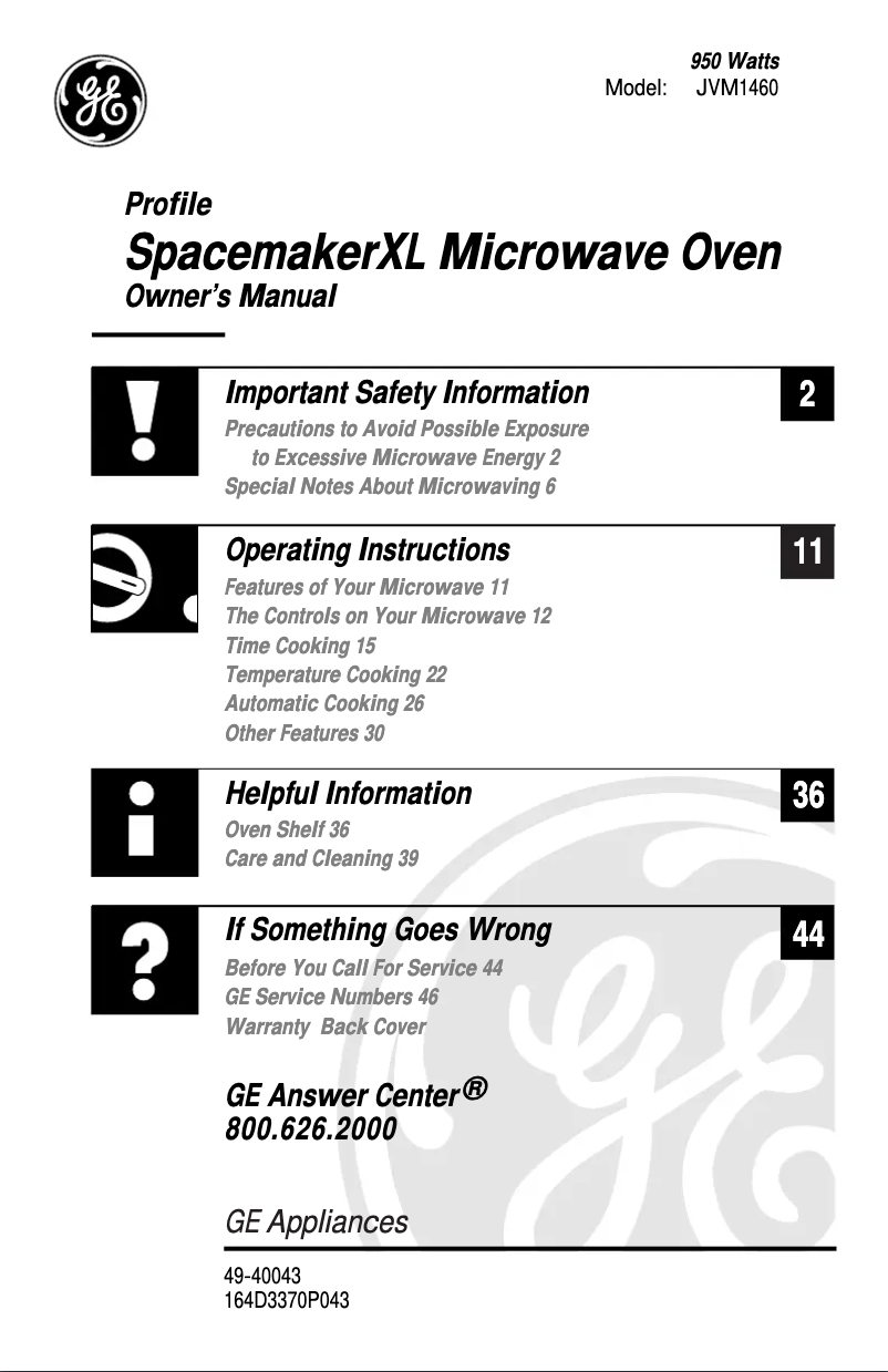 Page 1 de la notice Manuel d'utilisation et d'entretien GE JVM1460WA
