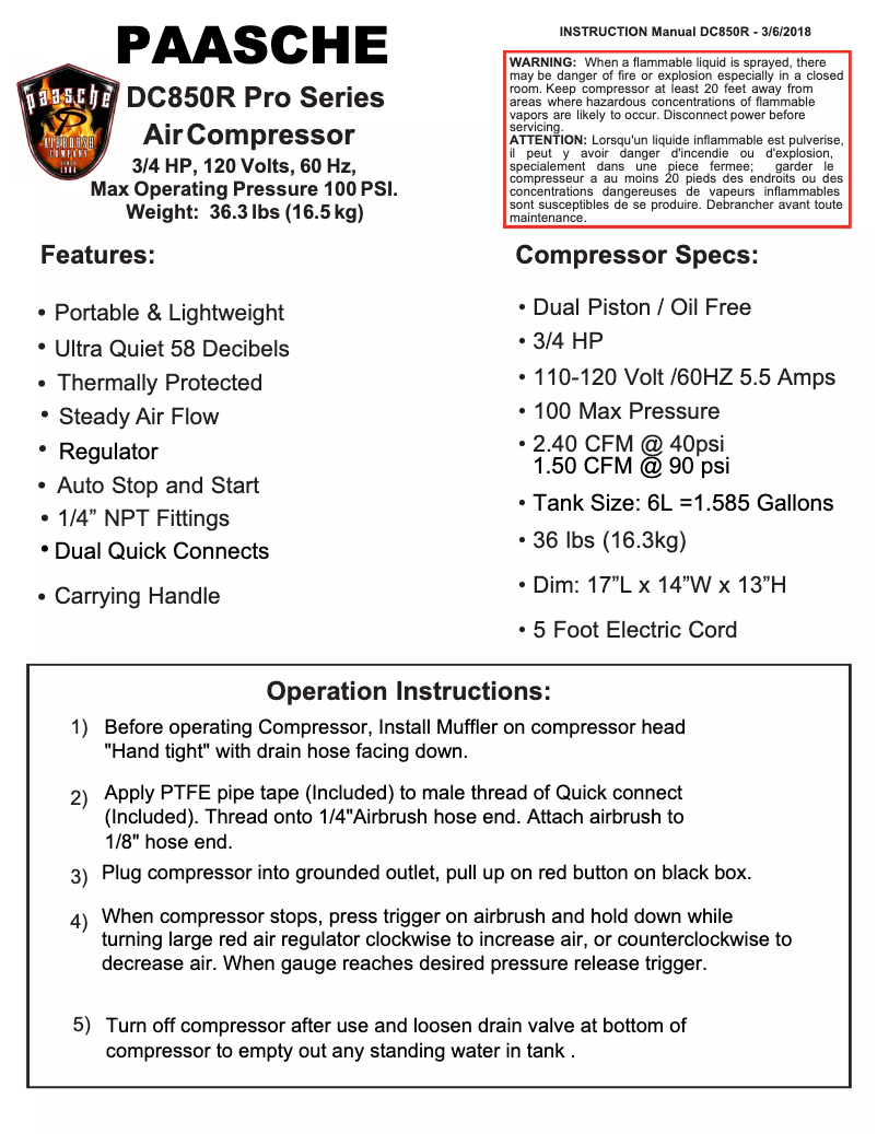 Page 1 de la notice Manuel utilisateur Paasche DC850R
