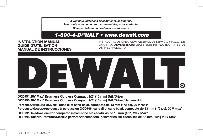 Page 1 de la notice Manuel utilisateur DeWalt DC727