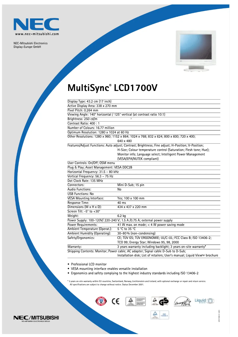 Imagen de la primera página del manual del dispositivo MultiSync LCD1700V