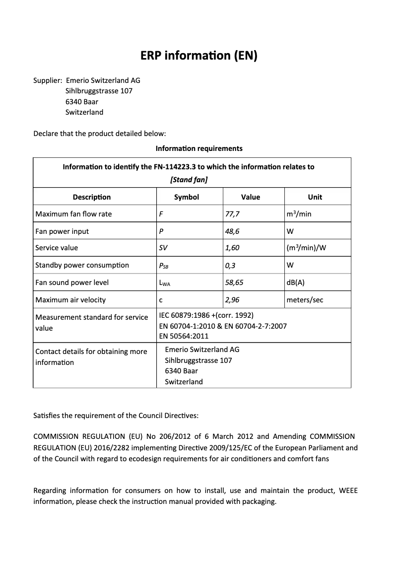 Page 1 de la notice Fiche technique Emerio FN-114223.3