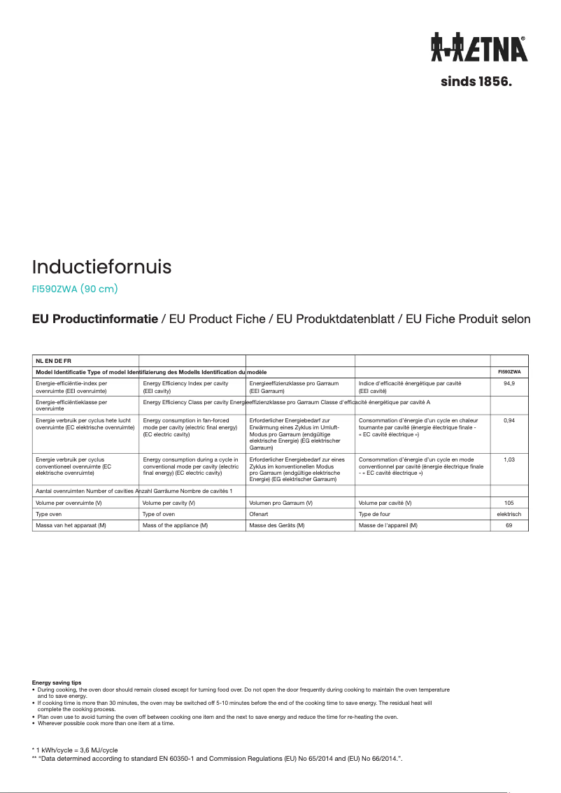 Page 1 de la notice Fiche technique Etna FI590