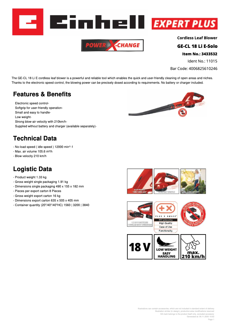 Page n°1 - Fiche technique Einhell GE-CL 18 Li E-Solo