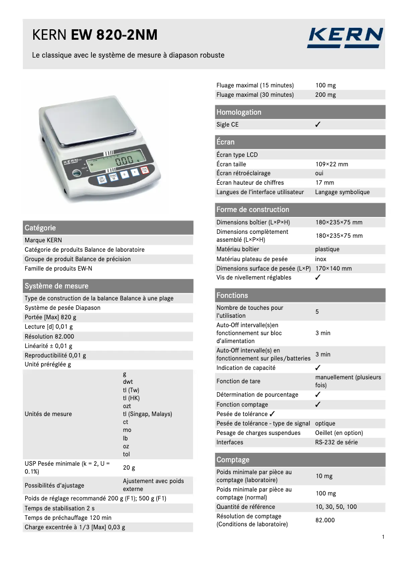 Page 1 de la notice Fiche technique Kern EW 820-2NM