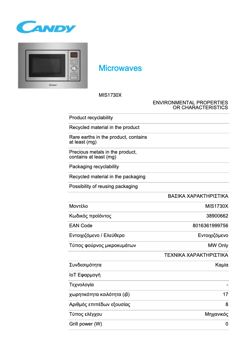 Page 1 de la notice Fiche technique Candy MIS1730X