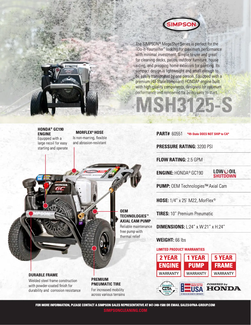 Page 1 de la notice Fiche technique Simpson Megashot MSH3125-S