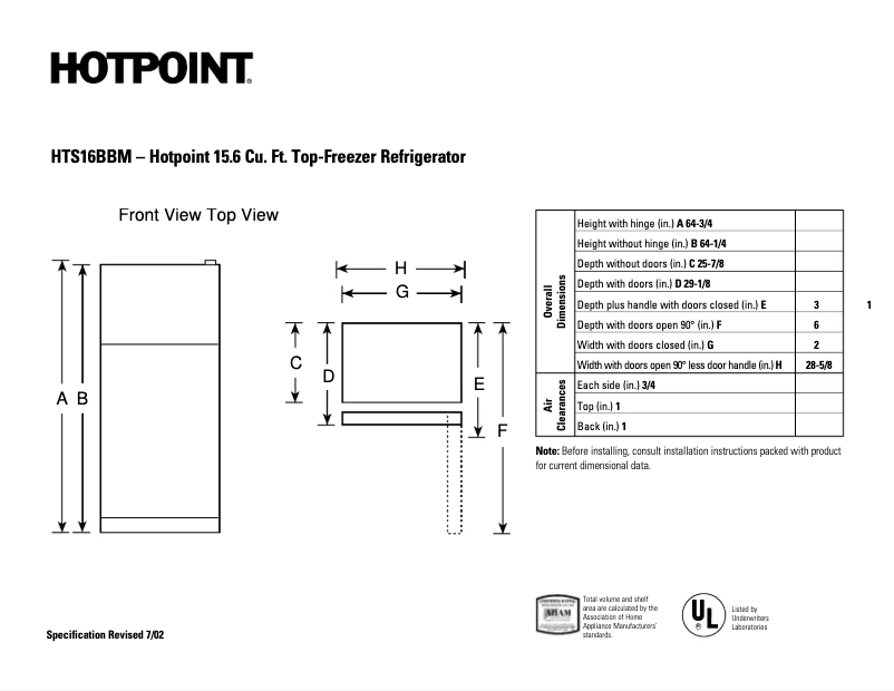 Page 1 de la notice Fiche technique Hotpoint HTS16BBMRAA