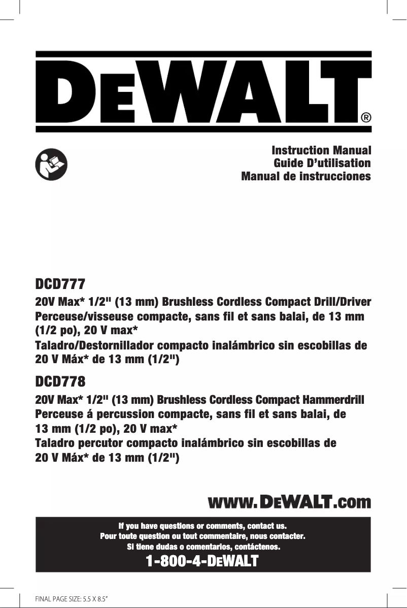 Page n°1 - Manuel utilisateur DeWalt DCD778
