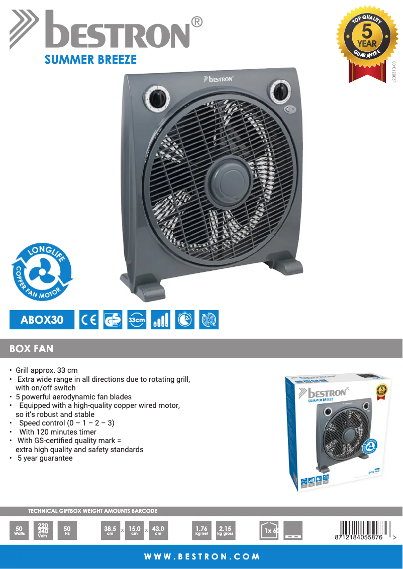 Page n°1 - Fiche technique Bestron ABOX30