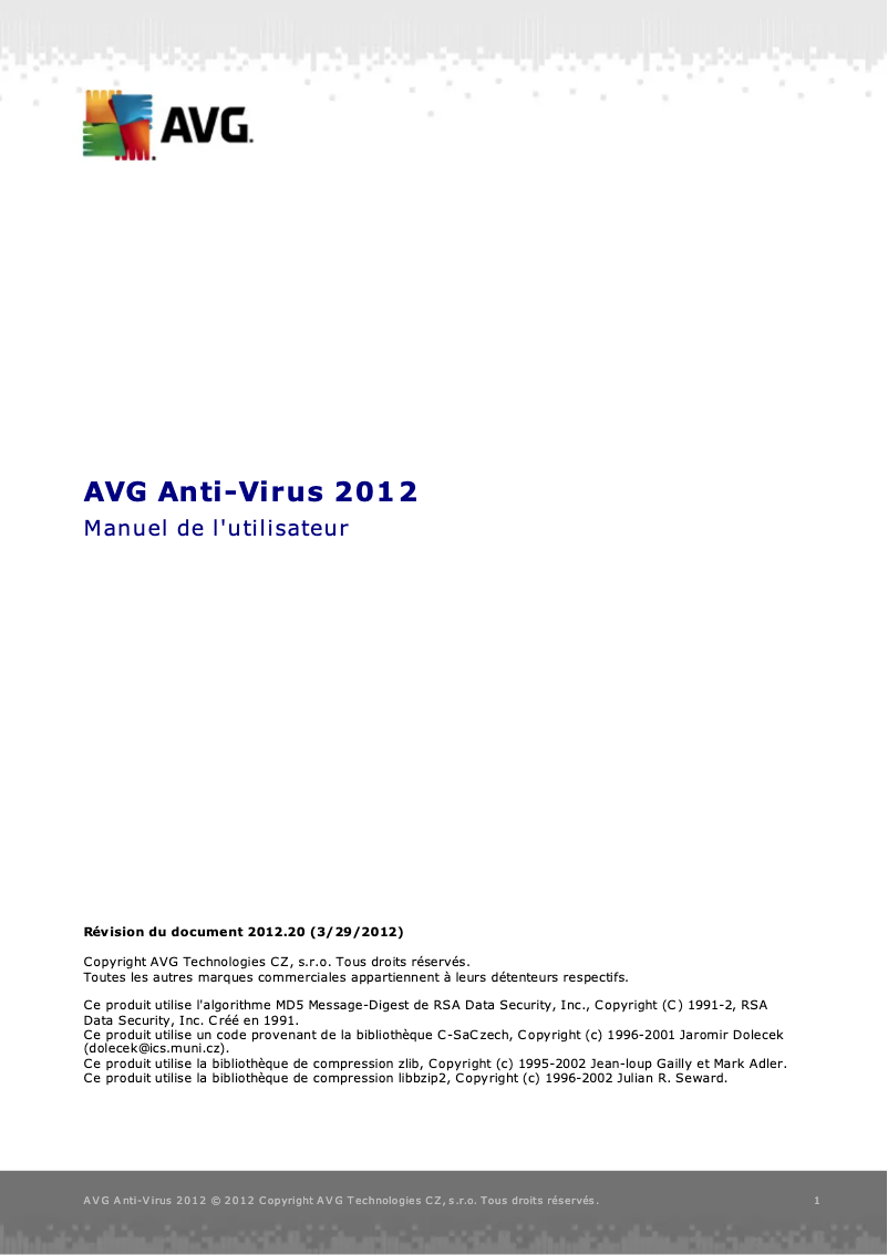 Page 1 de la notice Manuel utilisateur AVG Anti-Virus 2012
