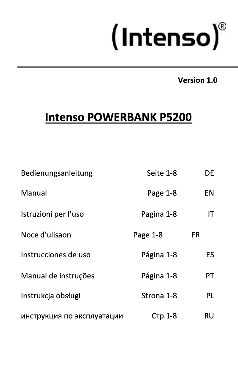 Page 1 de la notice Manuel utilisateur Intenso Powerbank P5200