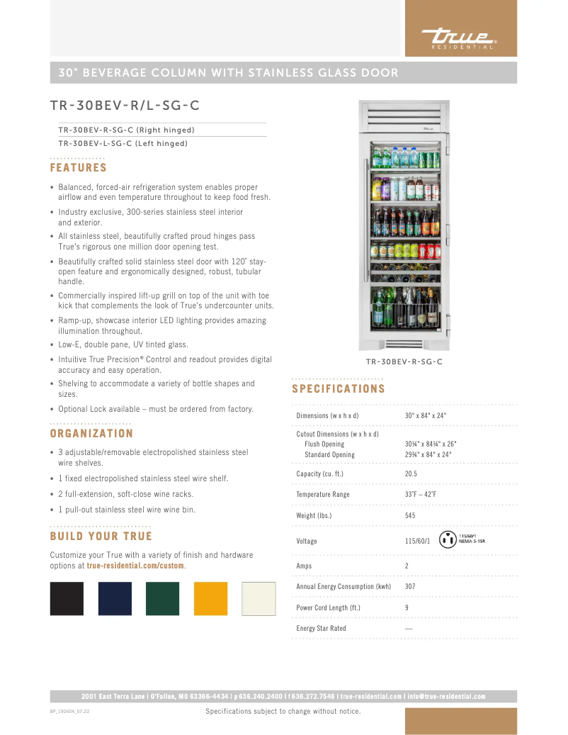 Page 1 de la notice Fiche technique True TR-30BEV-R-SG-C