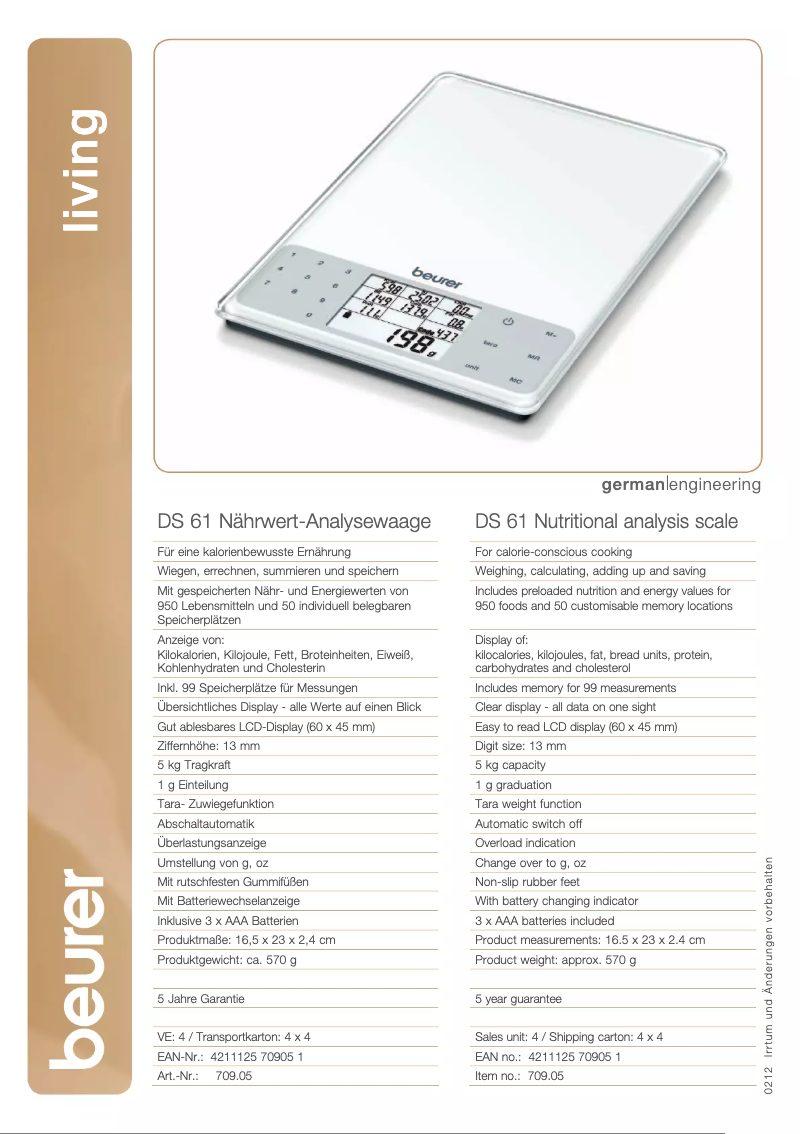 Page 1 de la notice Fiche technique Beurer DS 61