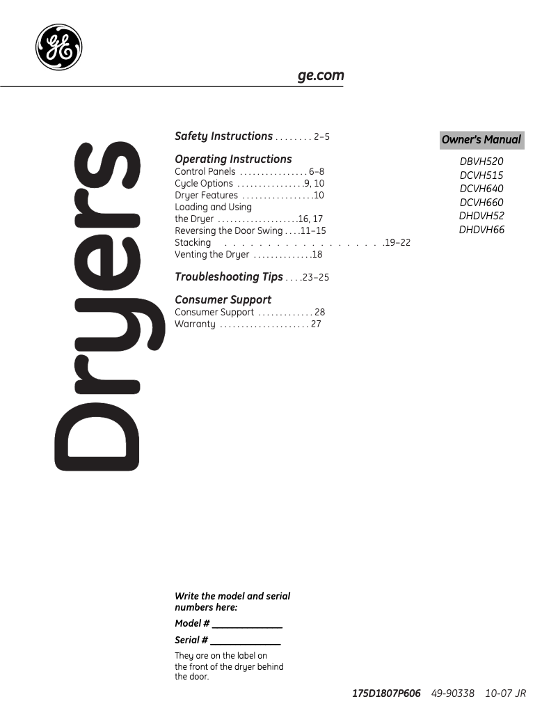 Page n°1 - Manuel d'utilisation et d'entretien GE DCVH515EFGG