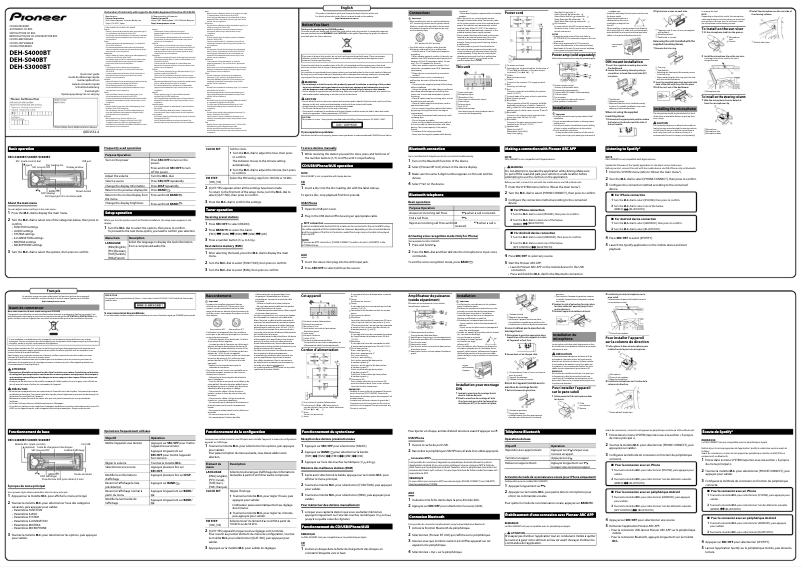 Page 1 of the manual Quick Start Guide Pioneer DEH-S4000BT