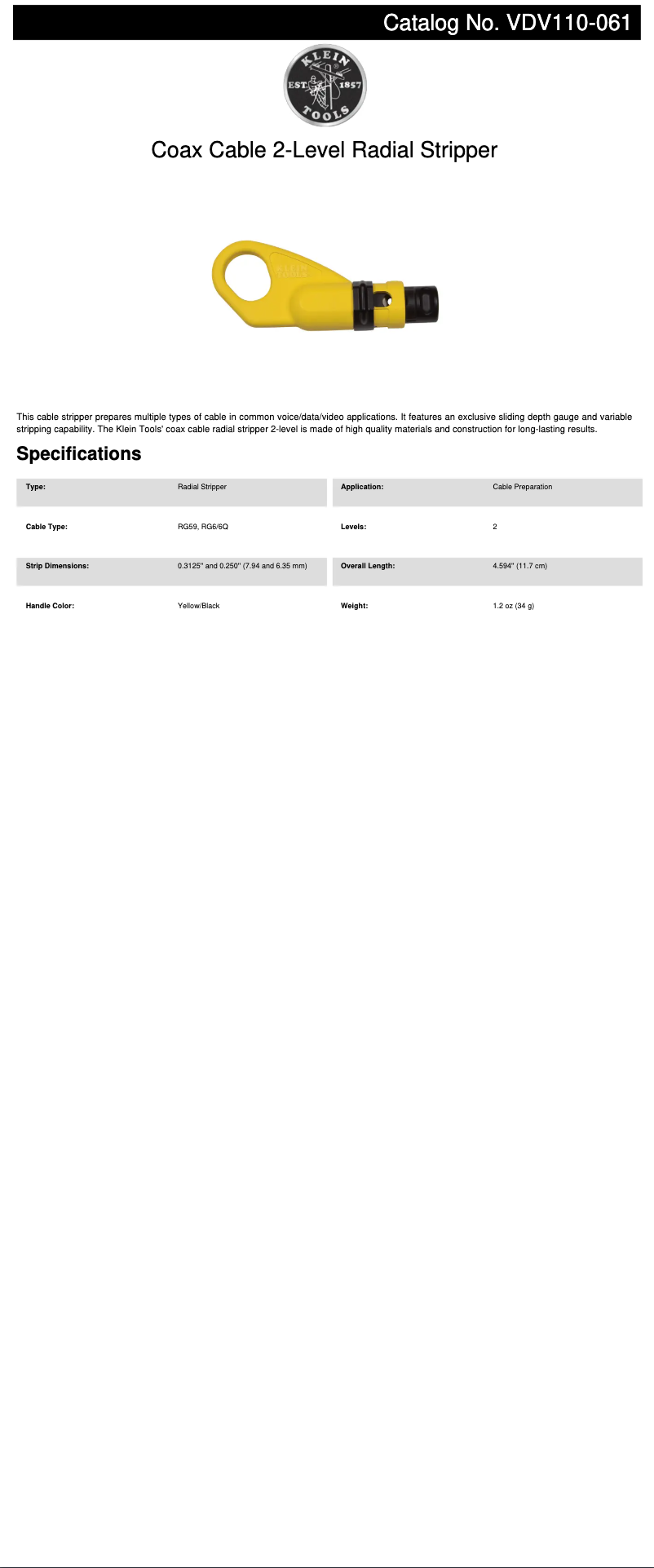 Page 1 de la notice Fiche technique Klein Tools VDV110-061