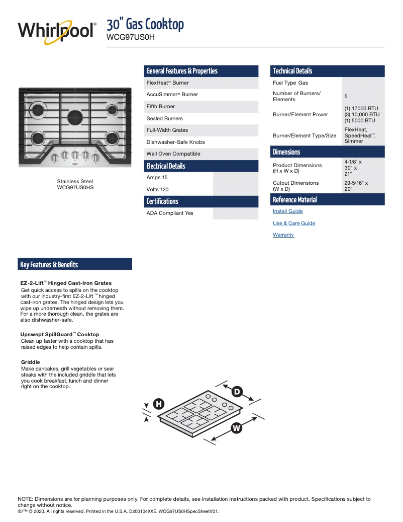 Page 1 de la notice Fiche technique Whirlpool WCG97US0HS