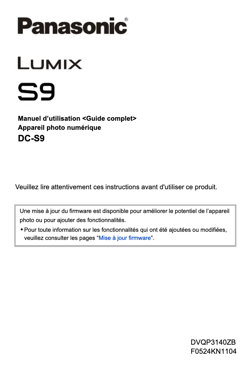 Page 1 de la notice Manuel utilisateur Panasonic DC-S9K
