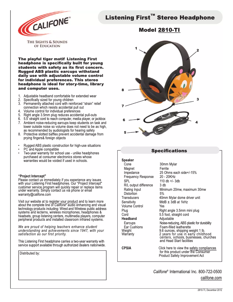 Page 1 de la notice Manuel utilisateur Califone Listening First 2810-TI
