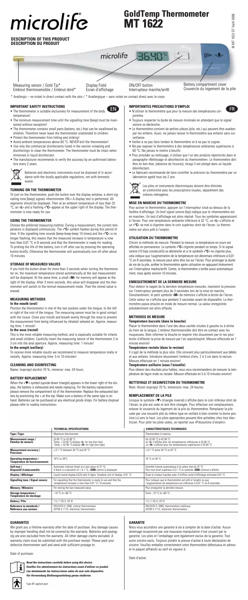 Page 1 de la notice Manuel utilisateur Microlife MT 1622 GT