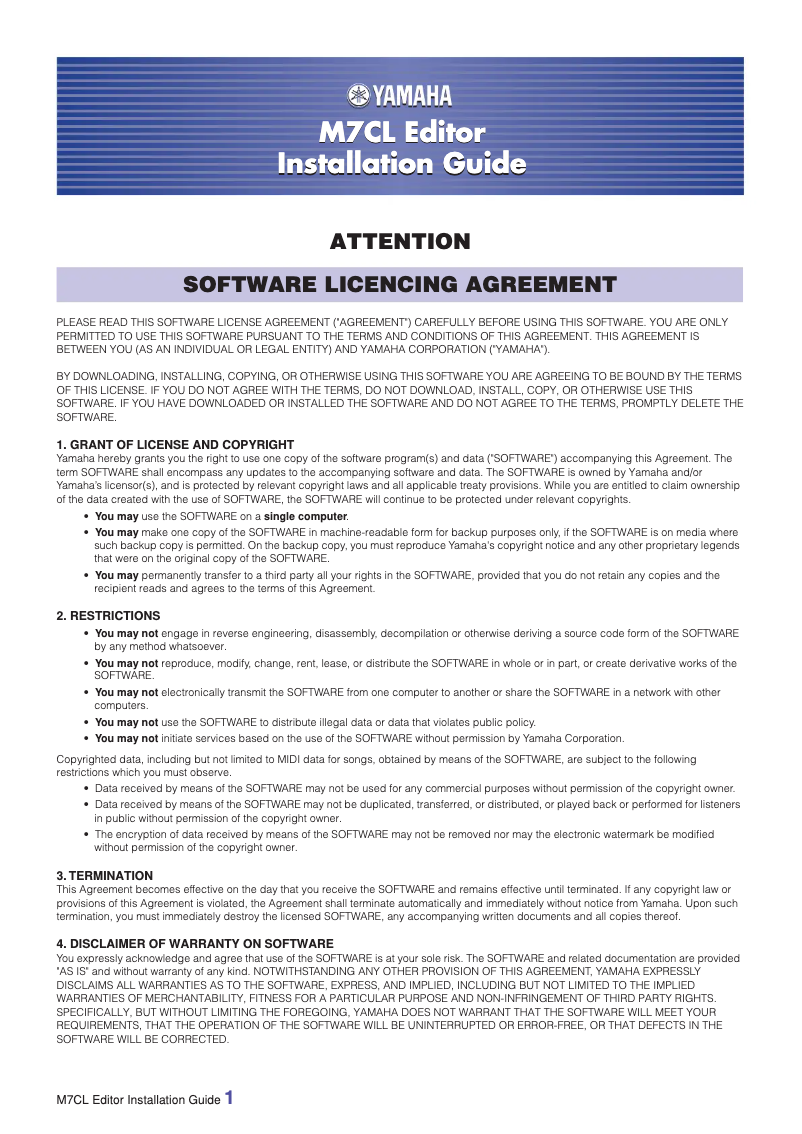 Page n°1 - Guide d'installation Yamaha M7CL-32