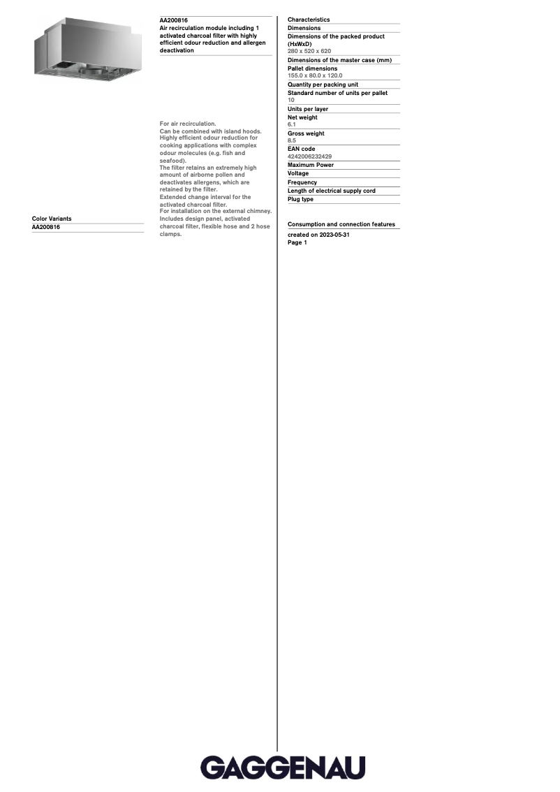 Page 1 of the manual Technical Sheet Gaggenau AA200816