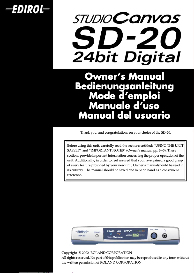 Page n°1 - Manuel utilisateur Roland SD-20