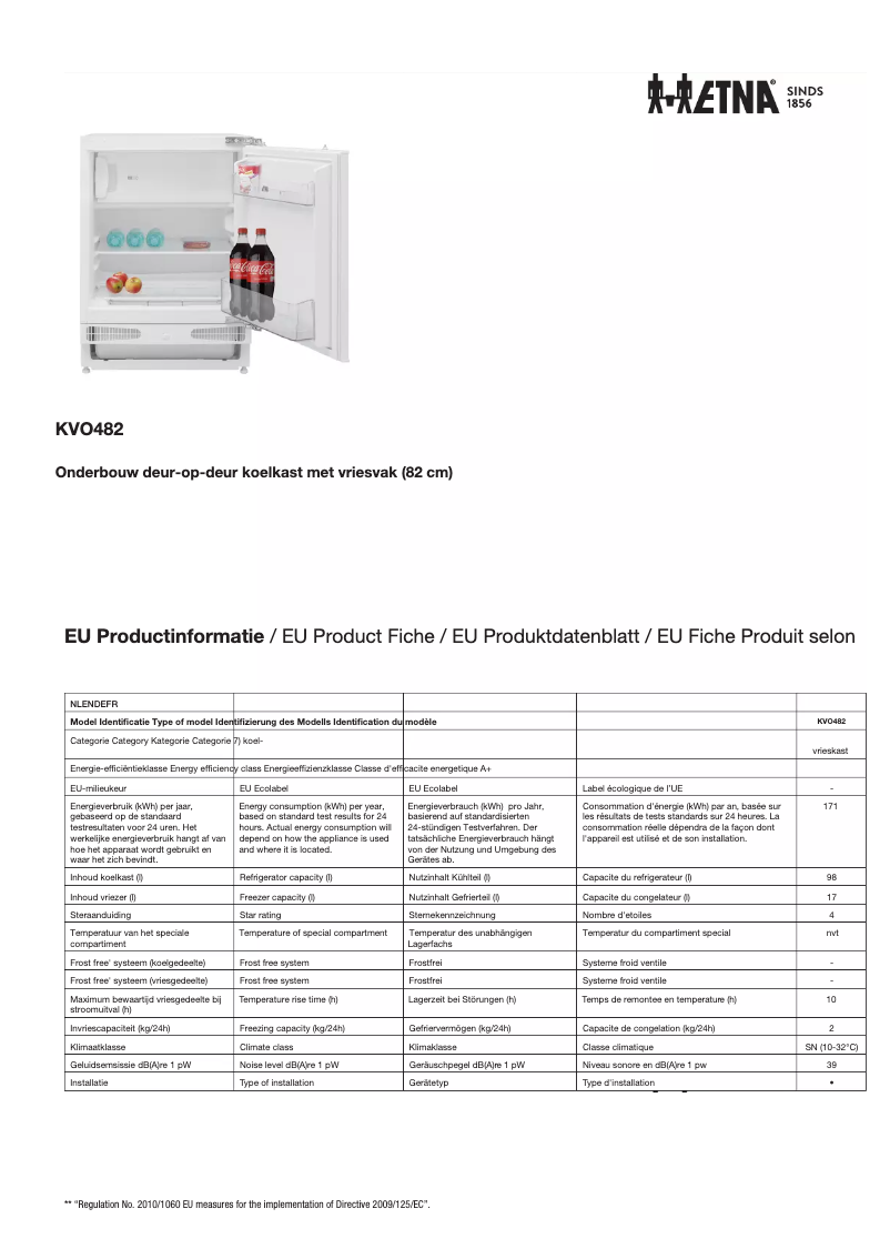 Page 1 de la notice Fiche technique Etna KVO482